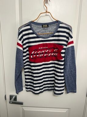 Coca-Cola Women's Navy, White & Red Striped Logo Sweater in size S